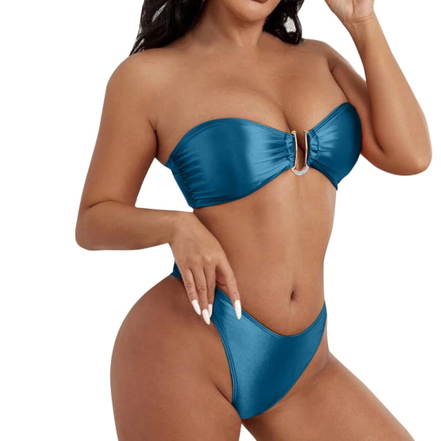 Ketyyh-chn99 Bikini Set 2024 Bikini Tops High Waisted Ribbed Bikini Crop Top Swimsuit Set 2 Piece Navy,L
