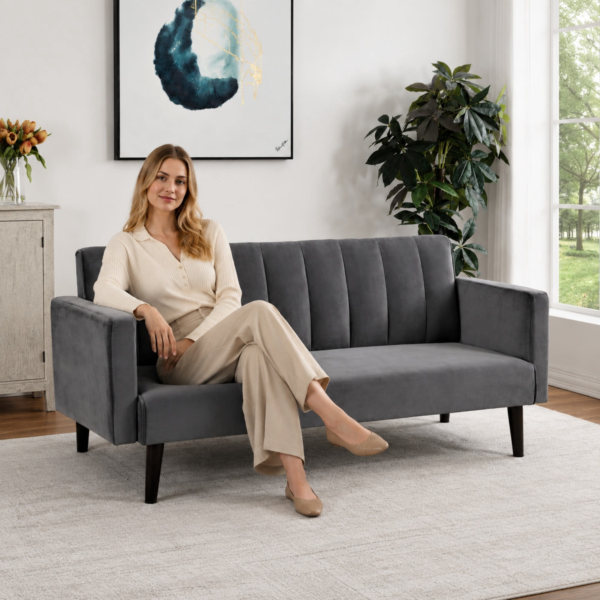 BSHTI 72" Linen Sleeper Sofa Bed with Vertical Channel Tufted Backrest,Adjustable Back, Folding Design for Living Room（Gray）