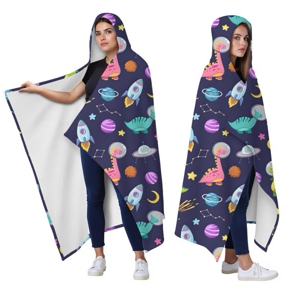 Wearable Blanket,DarkBlue Cartoon Dinosaurs Space Rockets Pattern Hooded Wearable Flannel Blanket for Adults & Teens,Winter Poncho Shawl Wrap Cape Cozy Anti-Pill,60"x80"