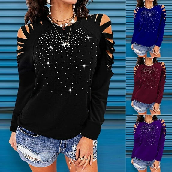 SAYFUT Plus Size Women Rhinestone Cold Shoulder Tops T-Shirts Long Sleeve Loose Blouse