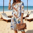 thumbnail image 2 of Vestido de Verano Floral Azul Impresión de Vacaciones de las Mujeres Suelto Cuello Redondo Vestido de Manga de Tres Cuartos, Manga de Puff Cambio Casual, 2 of 6