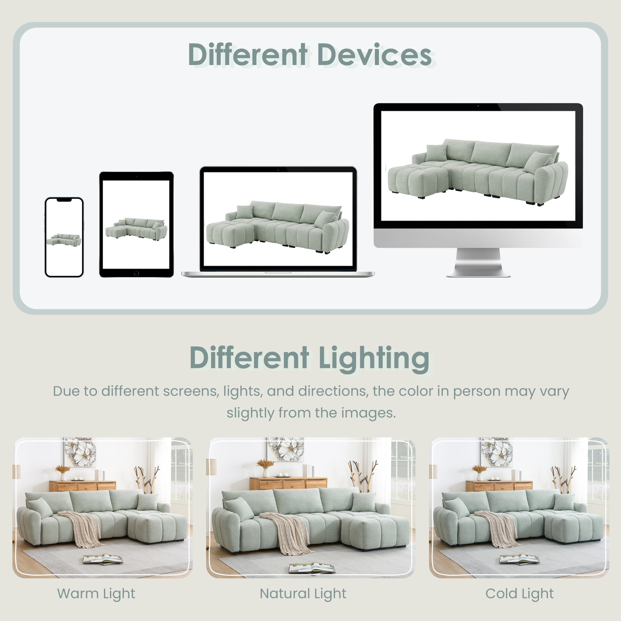 Sectional Sofa, Modular Sofa, L-Shape Couch, Boucle Sofa with Pull-Line Design and Movable Ottoman, Light Green