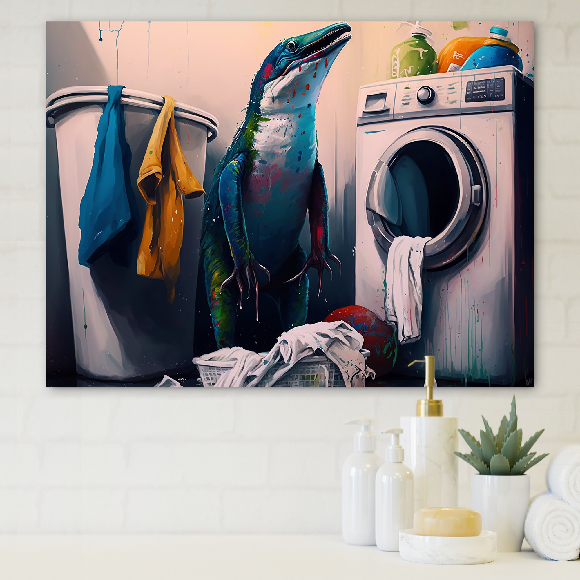 Designart Lezard Doing Laundry Canvas Wall Art