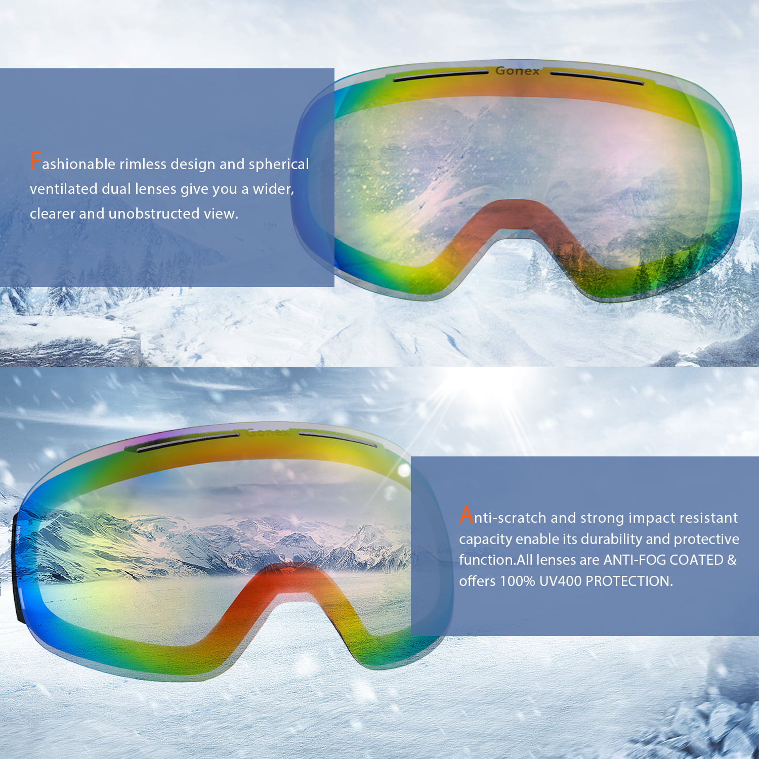Gonex Snow Goggles UV400 protection Ski Glasses Skiing Anti Fog Snow Double Lens 
