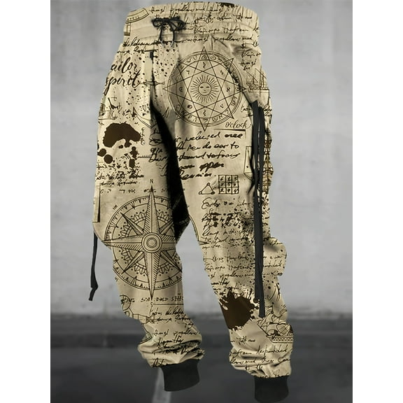 Men's 3D Graphic Jogger Sweatpants Stylish Loose Drawstring Print Gym Sport Pants Streetwear Retro Jogger Pants Beige M