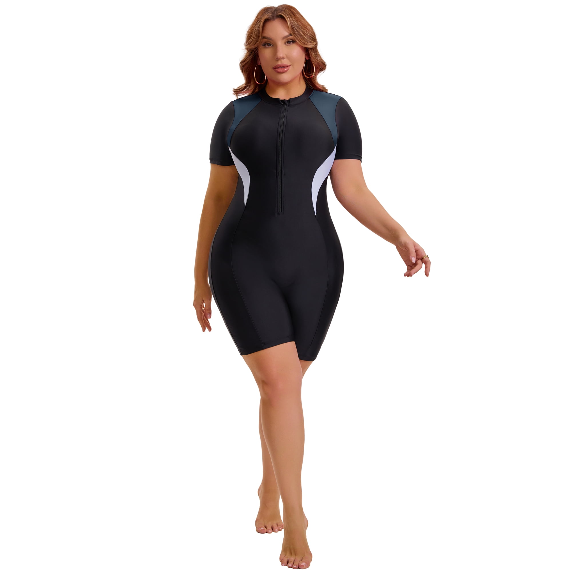 DARING DIVA Women's Plus 1pc Bathing Suit with Short Sleeves and Zipper 3X Black