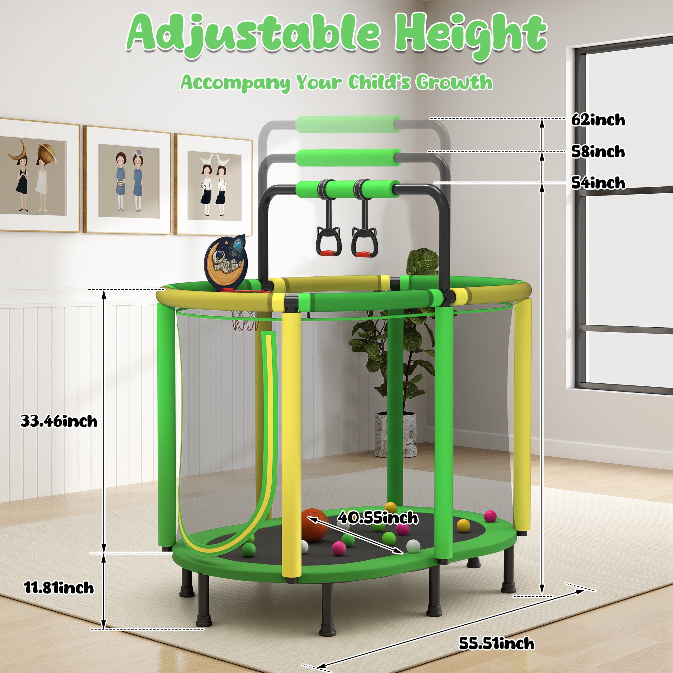 60" Trampoline for Kids with Basketball Hoop, SHINPT Recreational Trampolines with Safety Enclosure Net, Mini Outdoor Trampoline with Adjustable Gymnastics Bar, Easy Assembly, Outdoor, Indoor