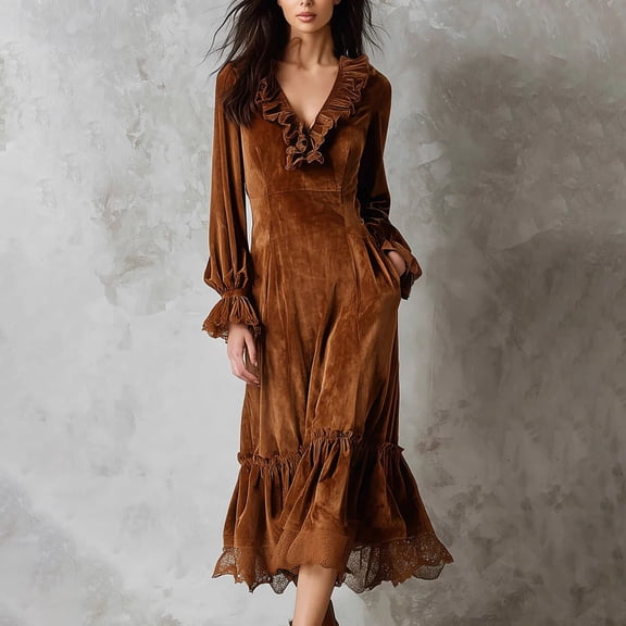 Karight Women’s Elegant Velvet Long Sleeve Dress Casual V Neck Babydoll Flowy Formal Wedding Party Mini Dress