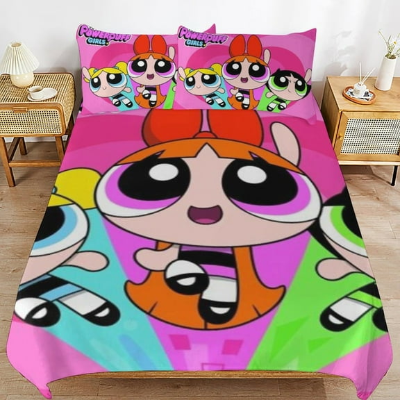 The Powerpuff Girls 3 Pieces Bedding Set 3D Printed Lightweight Bed Quilt Set Comforter Cover Set for Girls Kids Teens, 1 Quilt Cover 2 Pillowcases 86"x70"