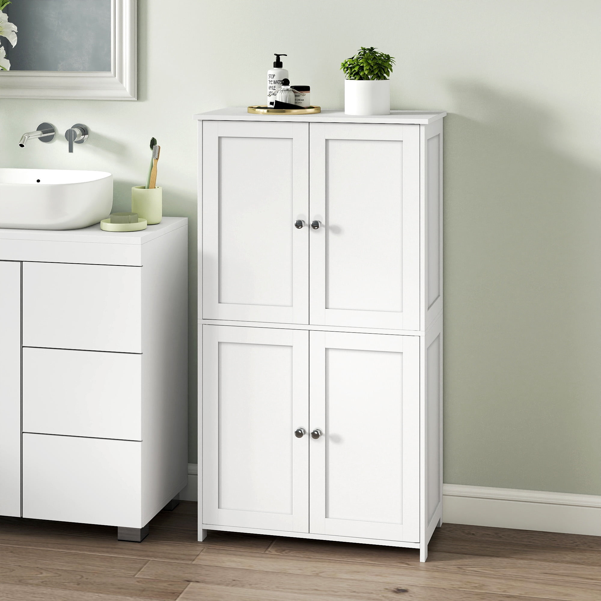 LEDREM Bathroom Storage Floor Cabinet Organizer with Adjustable Shelf 4 Magnetic Doors Freestanding for Small Spaces,White
