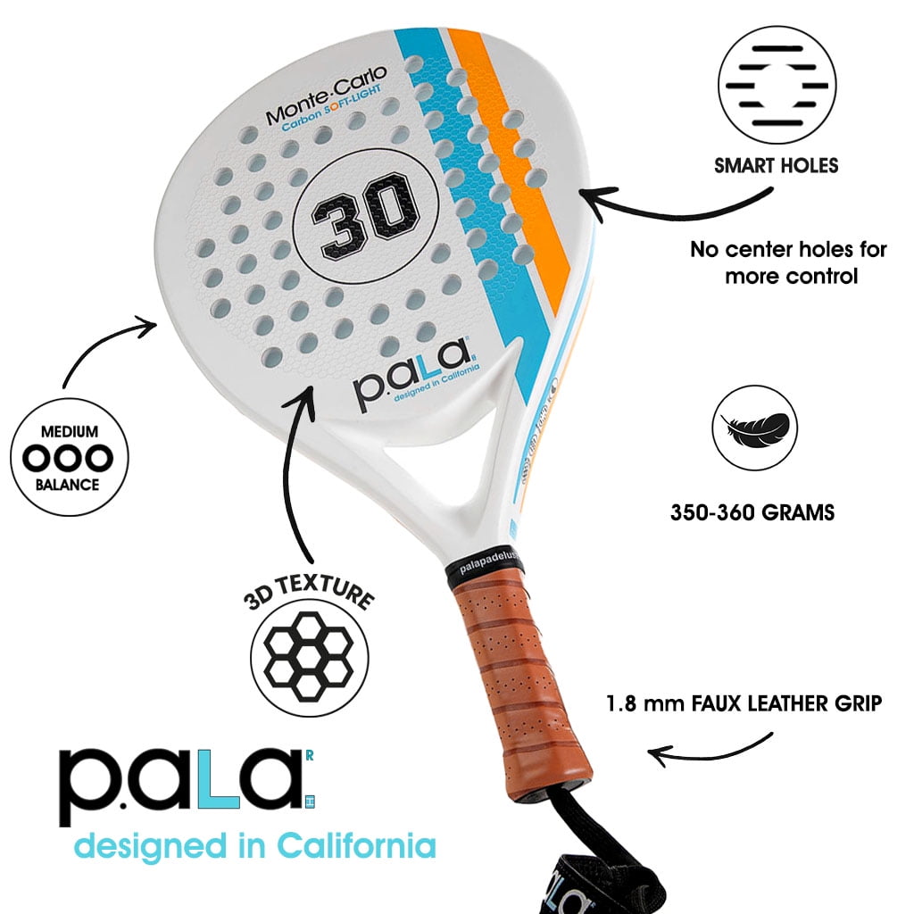 Montecarlo Soft Carbon White Padel Racket - P.ALA Light Racket with Carbon Fiber, Padel for Players that look for Power