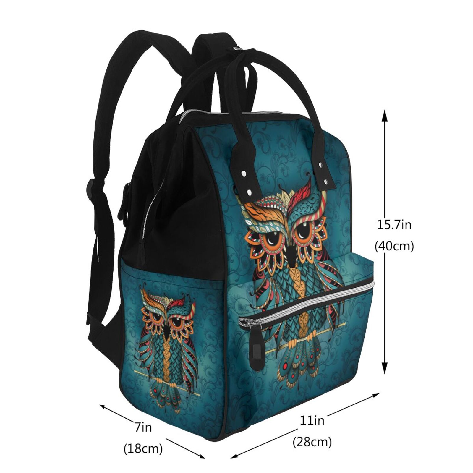 Ratiio Owl In Blue Mummy Backpack - Waterproof Twill Canvas, Large Capacity Diaper Bag with Multiple Pockets and Adjustable Straps