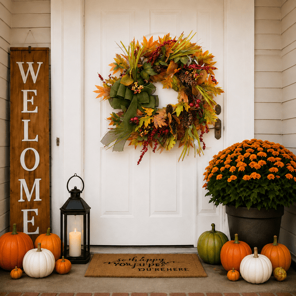 24 Inch Fall Wreath for Front Door, Artificial Autumn Maple Leaf Wreath with Burlap Bow, Berries Pinecones Harvest Foliage Thanksgiving Decor