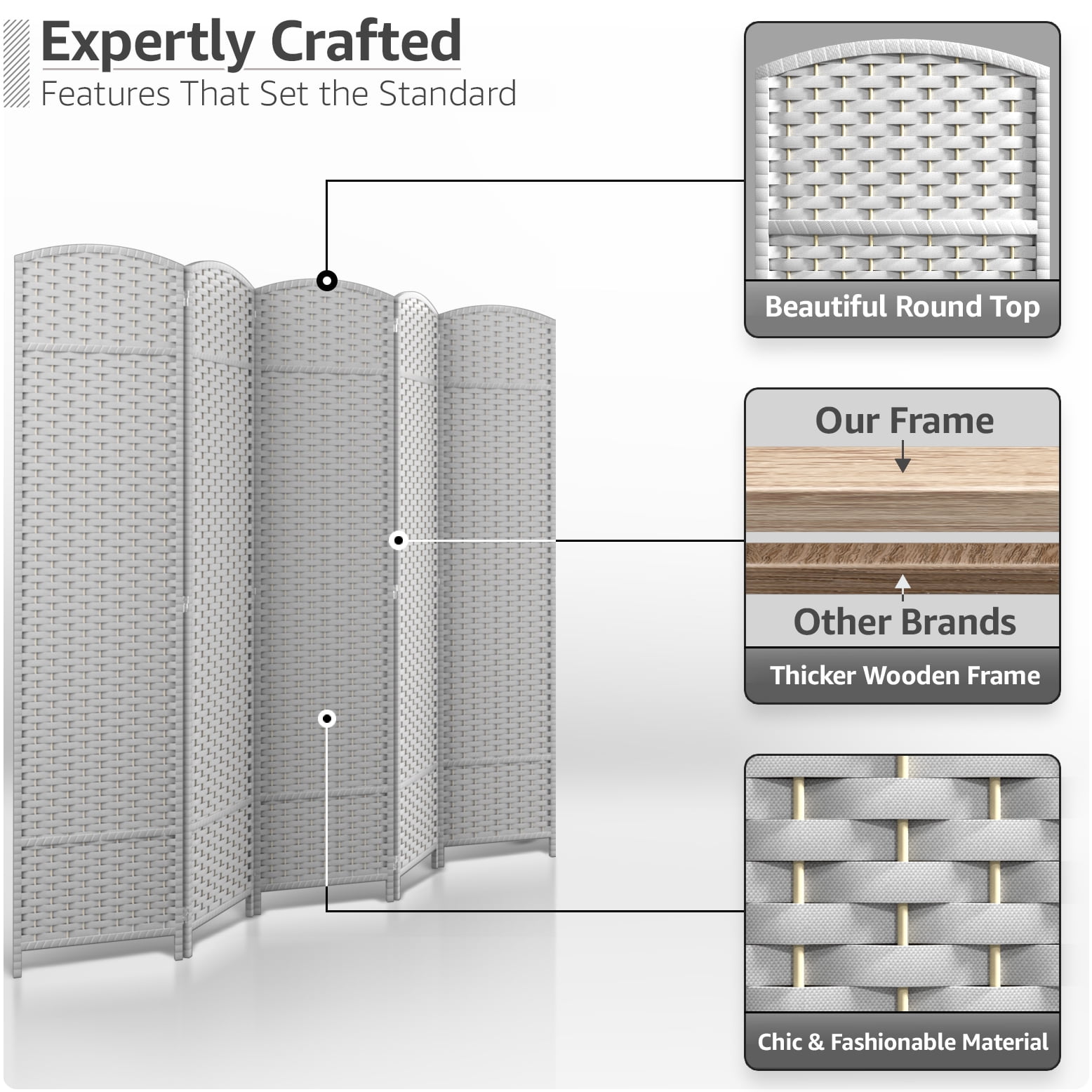 Sorbus 5-Panel Wide Folding Room Divider Privacy Screen, Hand-Woven White Mesh