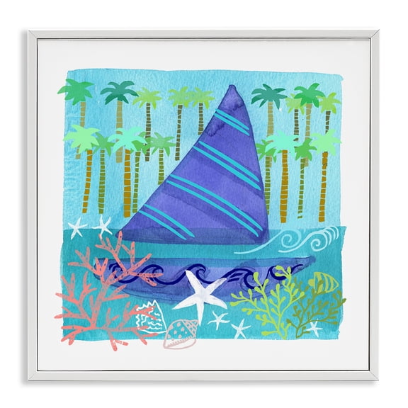 Stupell Industries Coastal Funky Sailboat Coastal Layered Palm Trees Seashells White Framed Giclee Art, 17 x 17, by Maret Hensick