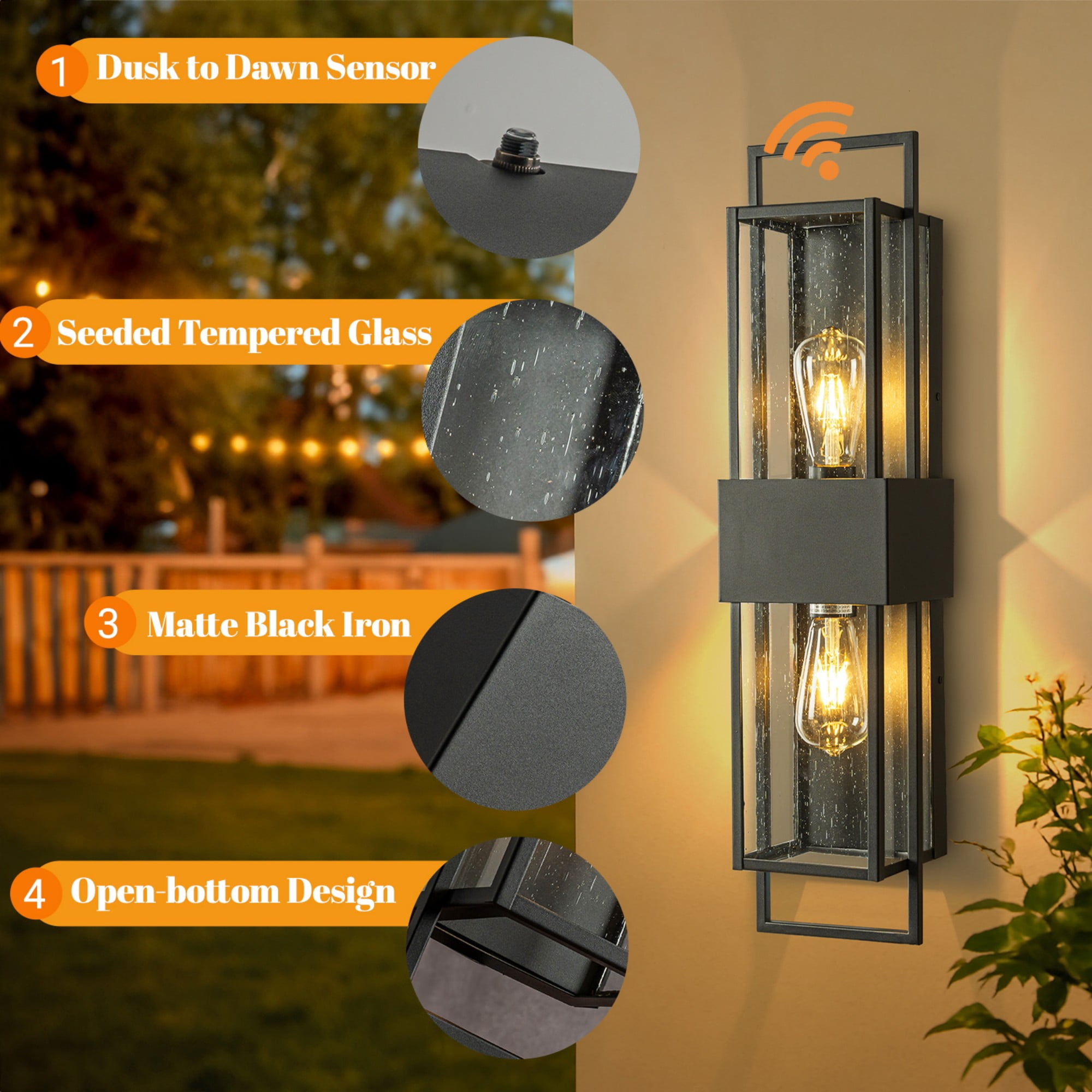 Modern Outdoor Wall Light with Dusk to Dawn Sensor H26'' Black Exterior Wall Lantern with Seeded Glass 2-Light Waterproof Sconce for Porch Garage Entryway Bulbs Not Included