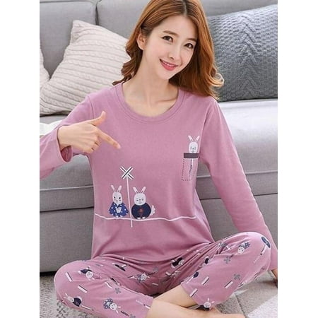 

SUPERHOMUSE 2Pcs Women Sweet Cute Cartoon Print Long Sleeved Pajama Set Cotton Top Long Pants Spring Autumn Lovely Sleepwear Size M-2XL