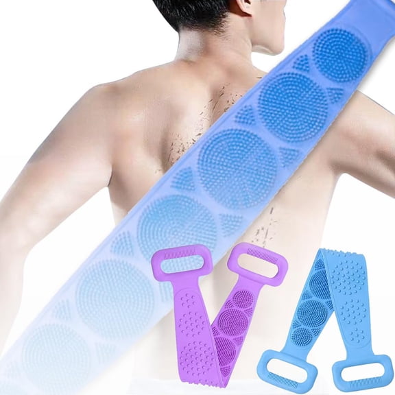 Silicone Back Scrubber for Shower, Dual-Sided Back Exfoliator Washer Scrub Strap -, Exfoliate and Massage, Hygienic, Durable and Easy to Clean, Blue and Purple 2 Pack