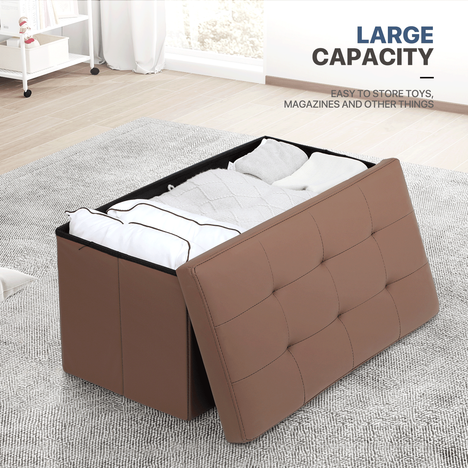 MoNiBloom 30" Folding Storage Ottoman Bench, PU Leather Collapsible Footrest Ottoman with Storage, for Living Room Bedroom Entryway, Brown