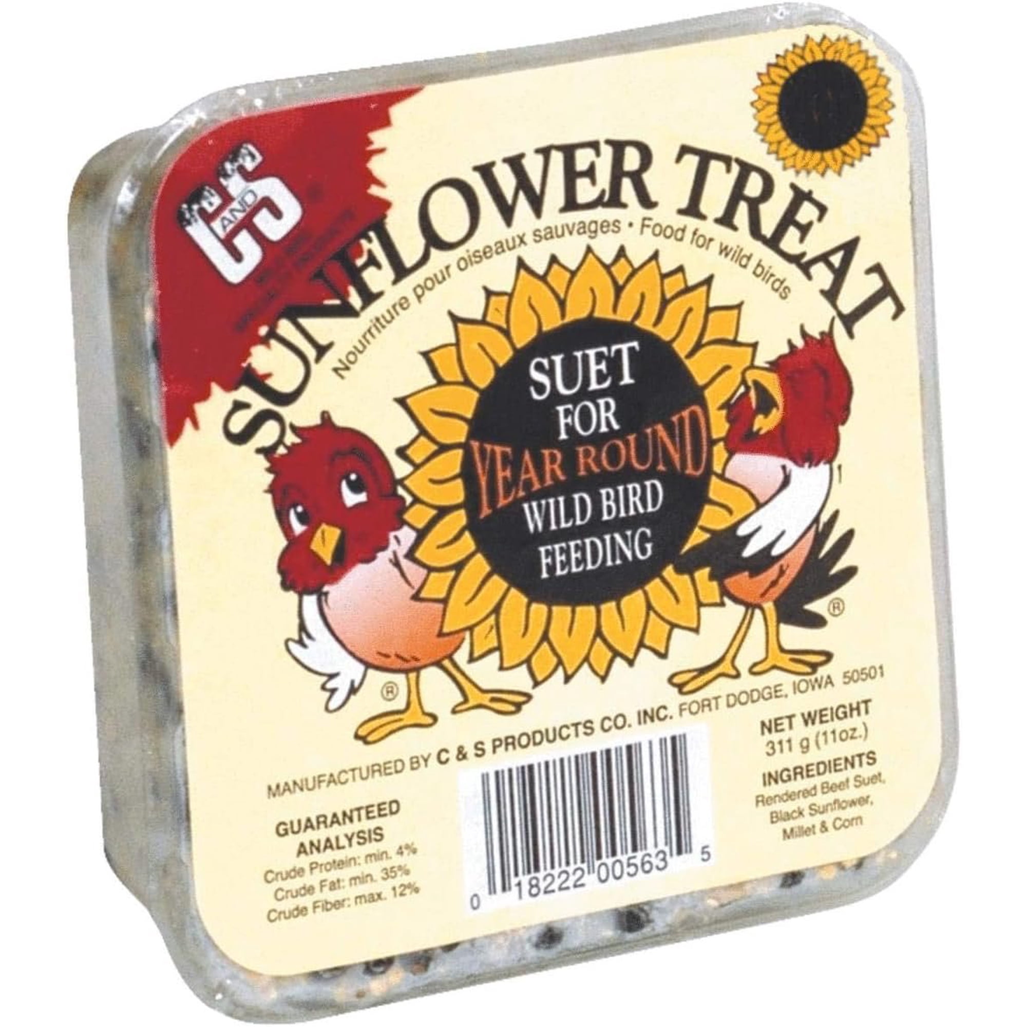 C & S Products Sunflower Suet Cake Treat Wild Bird Food - Suet Cake - 11 Ounce Pack of 1