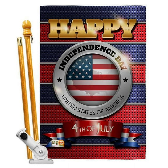 Breeze Decor BD-FJ-HS-111080-IP-BO-D-US17-BD 28 x 40 in. Happy Independence Day Americana Fourth of July Impressions Decorative Vertical Double Sided House Flag Set with Pole Bracket & Hardware