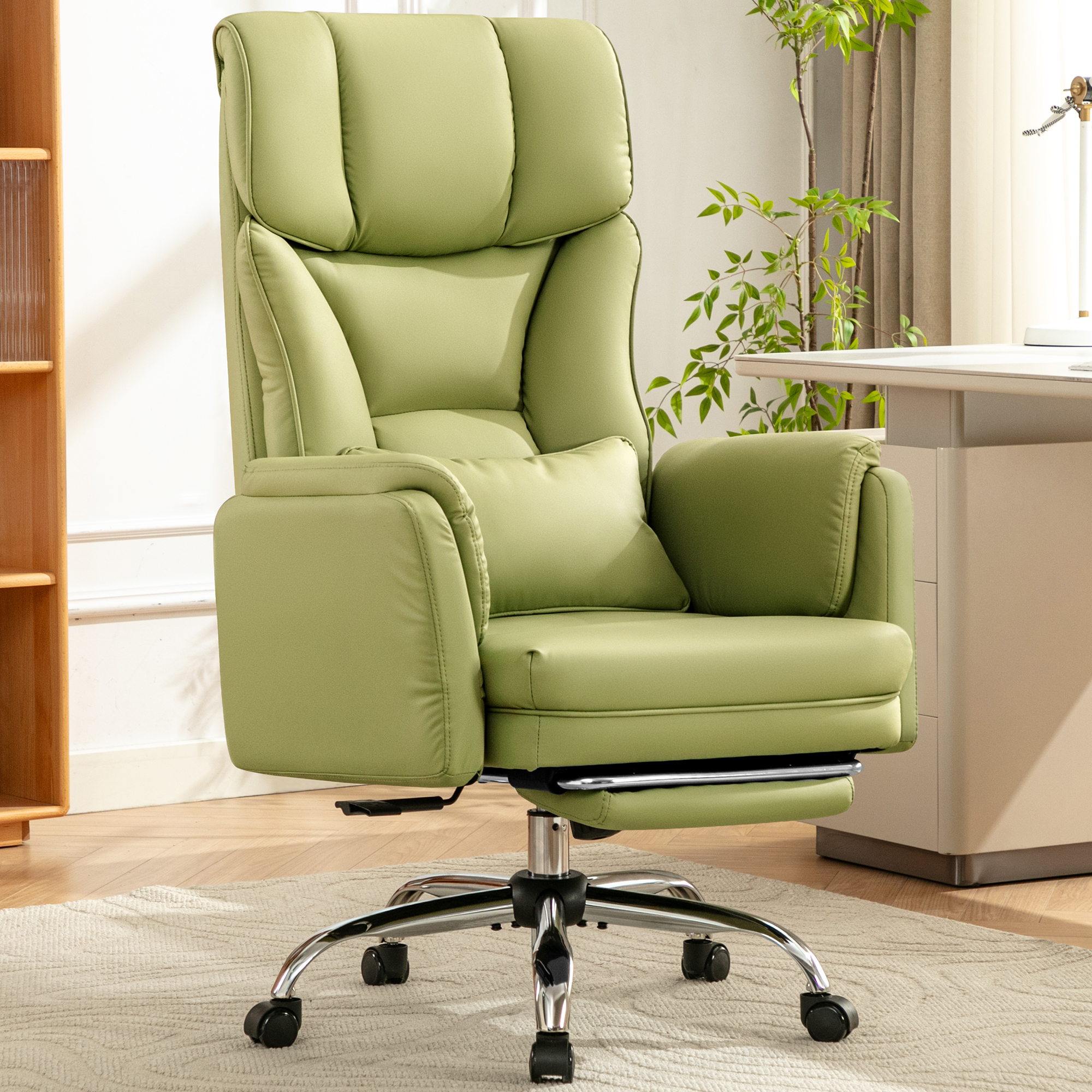 COOLHUT Big and Tall Office Chair, High Back Executive PU Leather Desk Chair with Footrest, Ergonomic Home Office Chair Computer Chair with Lumbar Support & Padded Armrest, Avocado Green