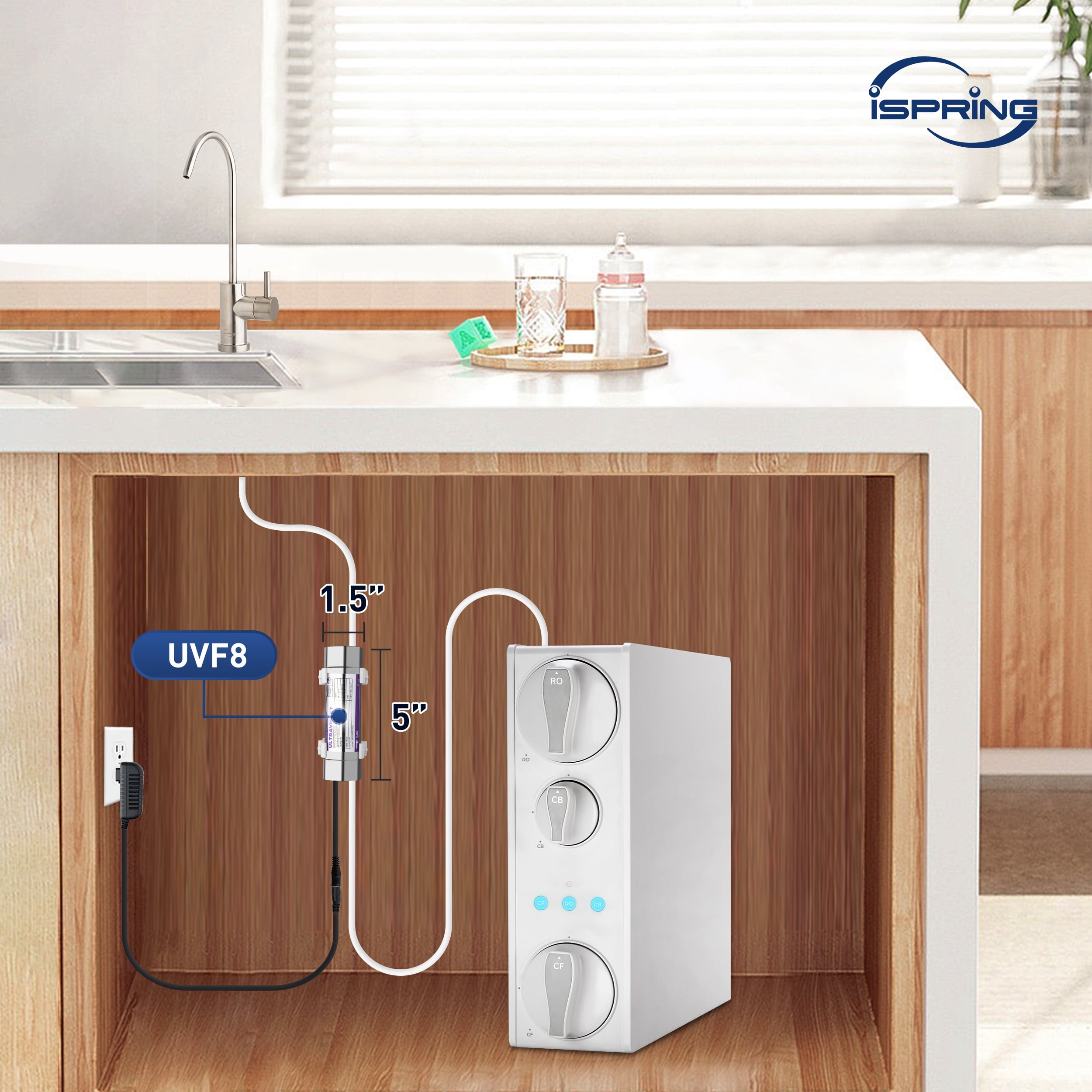 iSpring UVF8 LED UV Water Filter, Add-on Kit for Under Sink Water Filtration Systems, Mercury-Free, Stainless steel