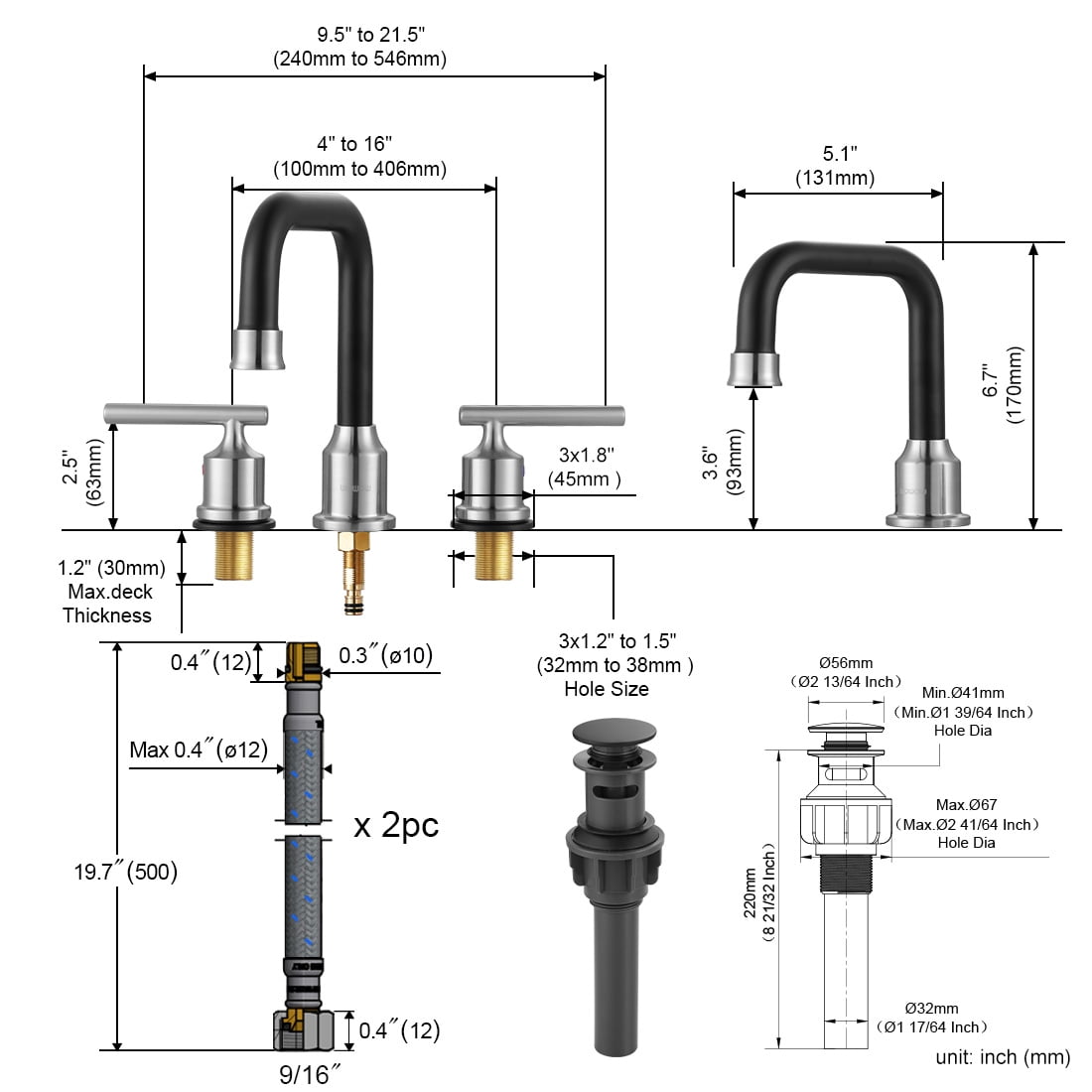 WOWOW 3 Hole Bathroom Faucet Widespread Bathroom Sink Faucet 8 inch