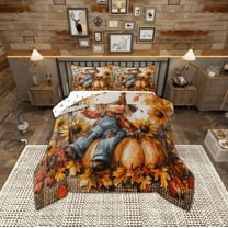Manfei Western Farmhouse Screcrow Bedding Comforter Set,Orange Pumpkin Maples Twin Comforter Sets,Hello Fall Bedding Set For Child,Ultra Soft Home Decor Reversible,2 Pieces