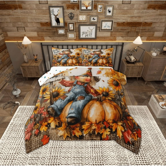 Manfei Western Farmhouse Screcrow Bedding Comforter Set,Orange Pumpkin Maples Twin Comforter Sets,Hello Fall Bedding Set For Child,Ultra Soft Home Decor Reversible,2 Pieces