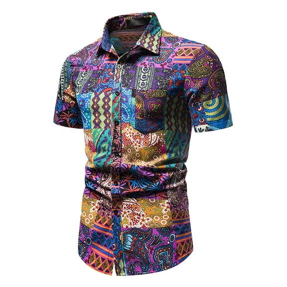 ALLLIST with Pockets Men Shirts Short Sleeve Cotton Button Down Shirts Casual Purple Retro Men's Clothing