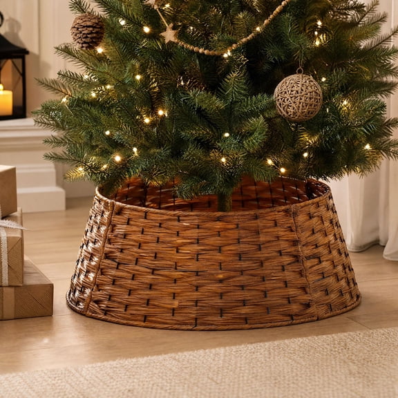 Christmas Tree Collar, Faux Rattan Tree Skirt, Round Woven Look Stand Cover, Coffee Color, 17 Inch, Holiday Farmhouse Decor for Artificial Trees
