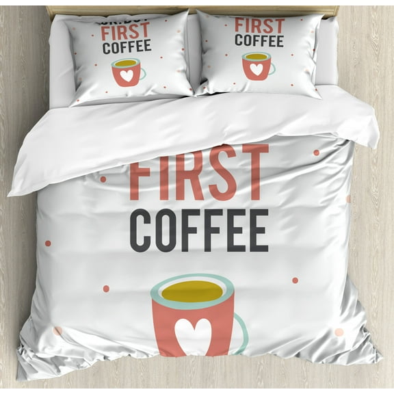 Funny Words Queen Size Duvet Cover Set, OK But First Coffee Quote Mug with a Heart Shape on Polka Dotted Background, Decorative 3 Piece Bedding Set with 2 Pillow Shams, Multicolor, by Ambesonne