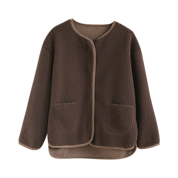 IROINNID Women's Shearling Jacket Long Sleeve Solid Color Round Neckline Outwear, Leisure Lamb Plush Jacket Female Autumn and Winter with Velvet Thick Warm Jacket Cardigan Female