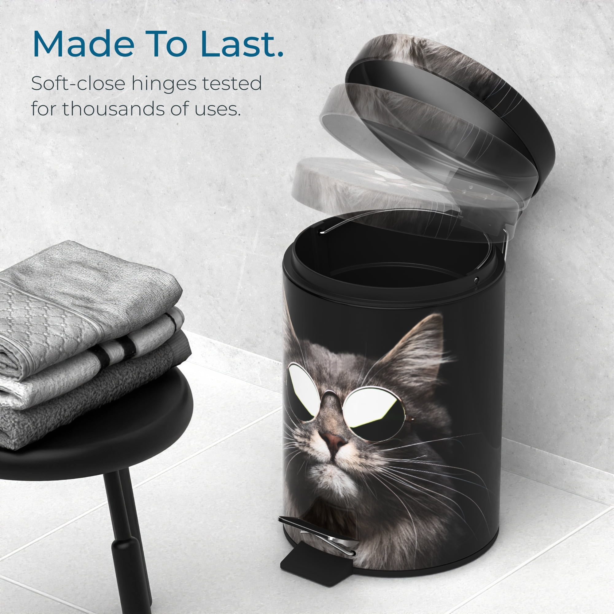 Sanilo Trash Can 1.3 Gallon with Soft Close, Many New Cosmetic and Kitchen Waste Bins Available, Bathroom Bin with Inner Bucket (Cool Cat)