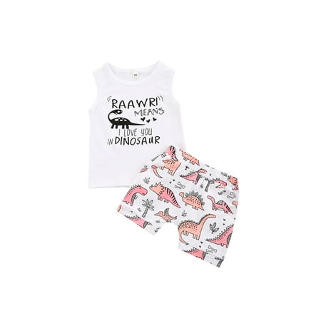 

Little Girls Cartoon Letter Vest Top and Dinosaur Plant Shorts Suit Outfits Set