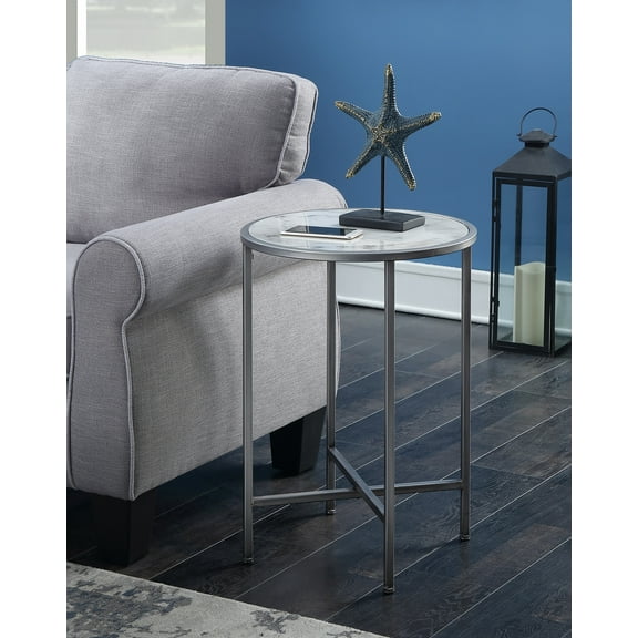 Convenience Concepts Gold Coast Faux Marble Round End Table, White Faux Marble/Silver