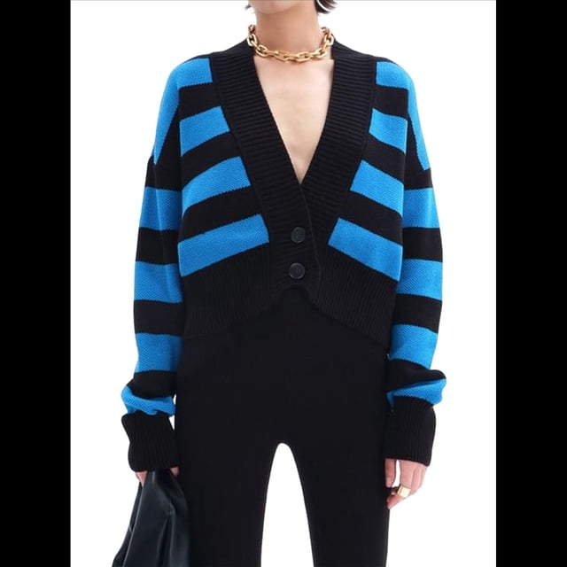 Suéter de Rayas con Bloques de Color para Mujer, Cárdigan de Larga con Botones y Cuello en V, Prenda de Punto de Moda. Azul Pavo Real M