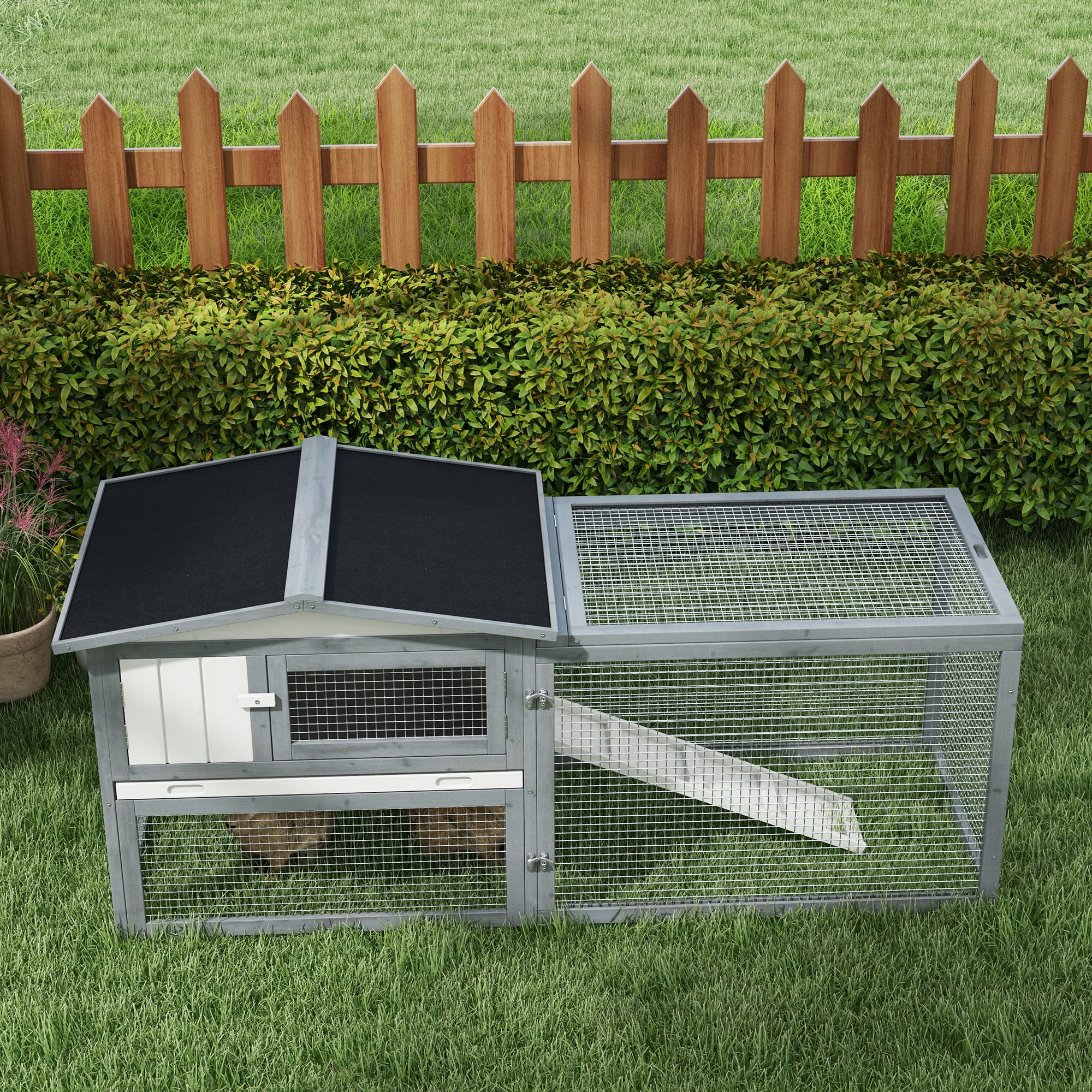 CoSoTower Large Rabbit Hutch Outdoor, 2-Tier 61" L Rabbit Cage with Run Feeding Trough Wooden Guinea Pig Hutch with Removable Tray, Ramp, Asphalt Roof, for 1-2 Rabbits, White