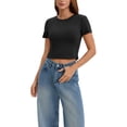 thumbnail image 2 of INSPIRE CHIC Womens Summer Basic Tees Crop Tops Short Sleeve Seamed Crewneck Tight Tops Workout Y2k T Shirts XL Black, 2 of 5