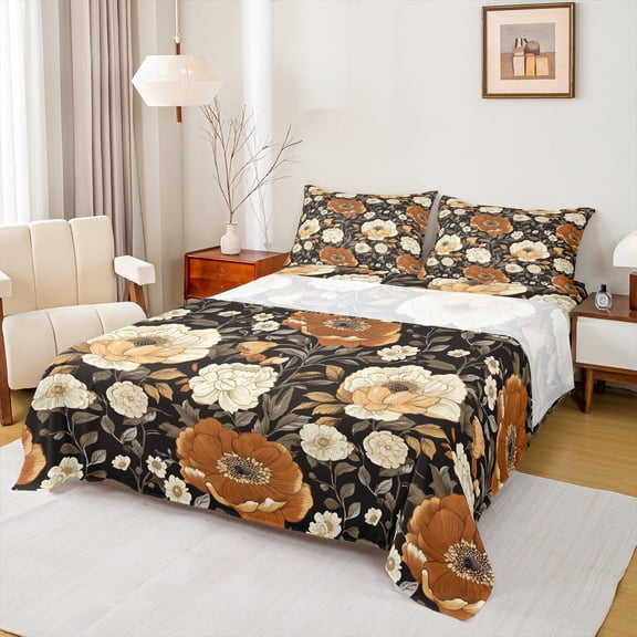 Manfei Retro Rustic Flower Twin Sheet Sets,Brown Beige Floral Twin Fitted Sheet,Natural Plant Theme Flat Sheet For Kids,Ultra Soft Home Decor,3 Pieces