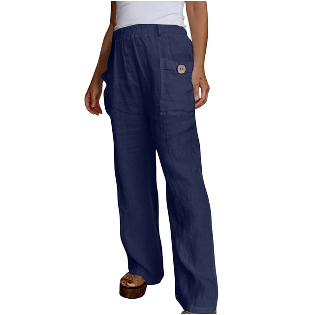 Yuyuzo Pantalon en Coton et Lin pour Femmes Taille Haute Jambe Droite Coupe Décontractée Uni Grande Taille Pantalon de Détente pour Femmes