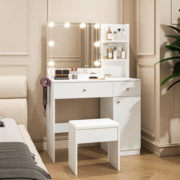 Vanity Desk with Mirror and Lights, Makeup Desk with Power Outlet Drawers Cabinet Stool, Vanity Table 3 Color Modes Adjustable Brightness Dressing Table Set for Bedroom