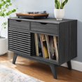 thumbnail image 2 of Vinyl Record Side Table Cabinet Stand, Charcoal Grey Gray, Wood, Modern Contemporary, Mid Century Living Hotel Lounge Cafe Lobby, 2 of 7