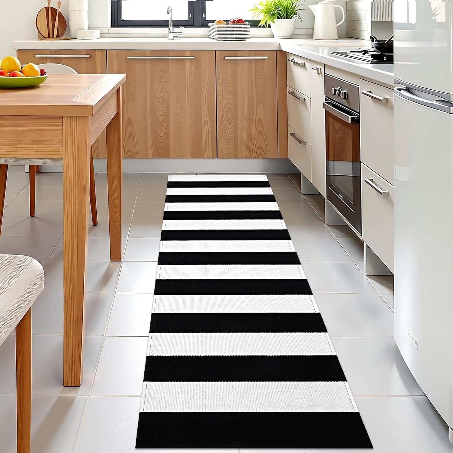 Voguly Black White Striped Rug 2'x 6', Washable Cotton, Indoor Outdoor Doormat for Front Door Entryway Kitchen Porch Patio, 24x36 Inch