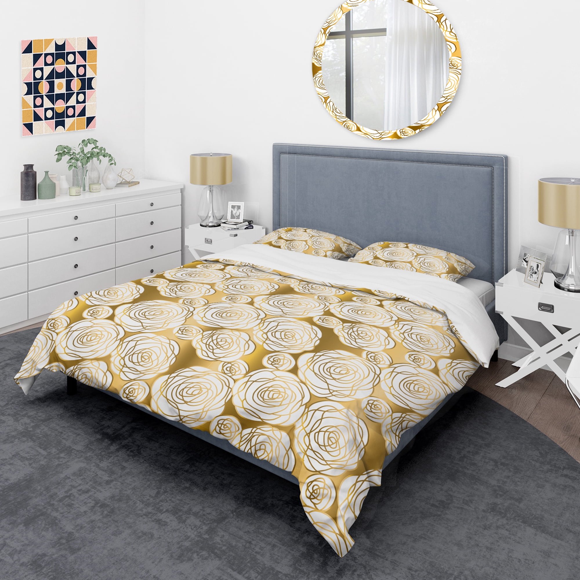 Designart 'Golden Floral III' Mid-Century Modern Duvet Cover Set
