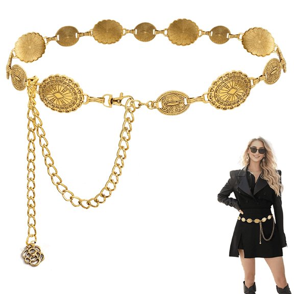 TELOLY Western Metal Concho Belt for Women Cowgirl Boho Waist Chain Belt for Dresses Jeans Pants