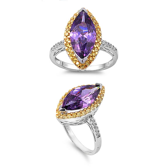 Yellow Embraced Marquise Simulated Amethyst Cubic Zirconia Ring Sterling Silver 925