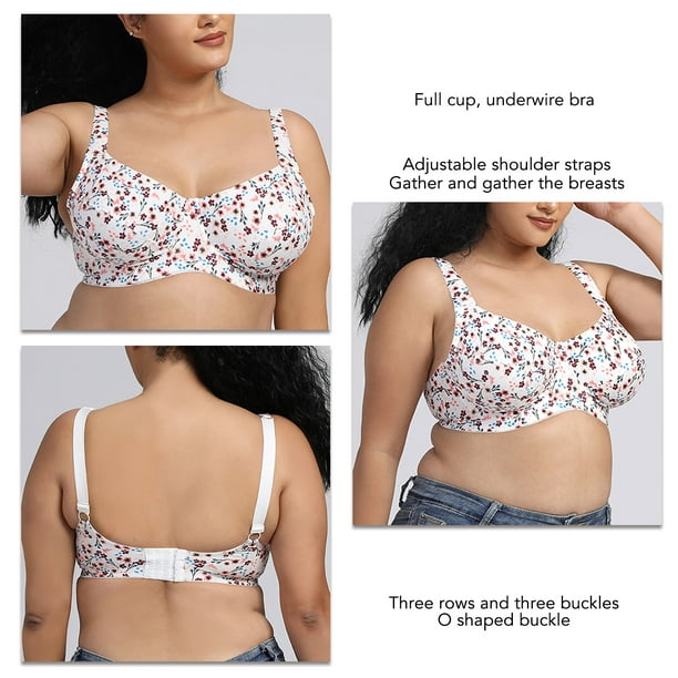 Women Full Coverage , 3 Rows Of 3 Buckles Adjustable Straps Gathered Breasts  Ultrathin Everyday Soft For Daily Life White Printed 42D 