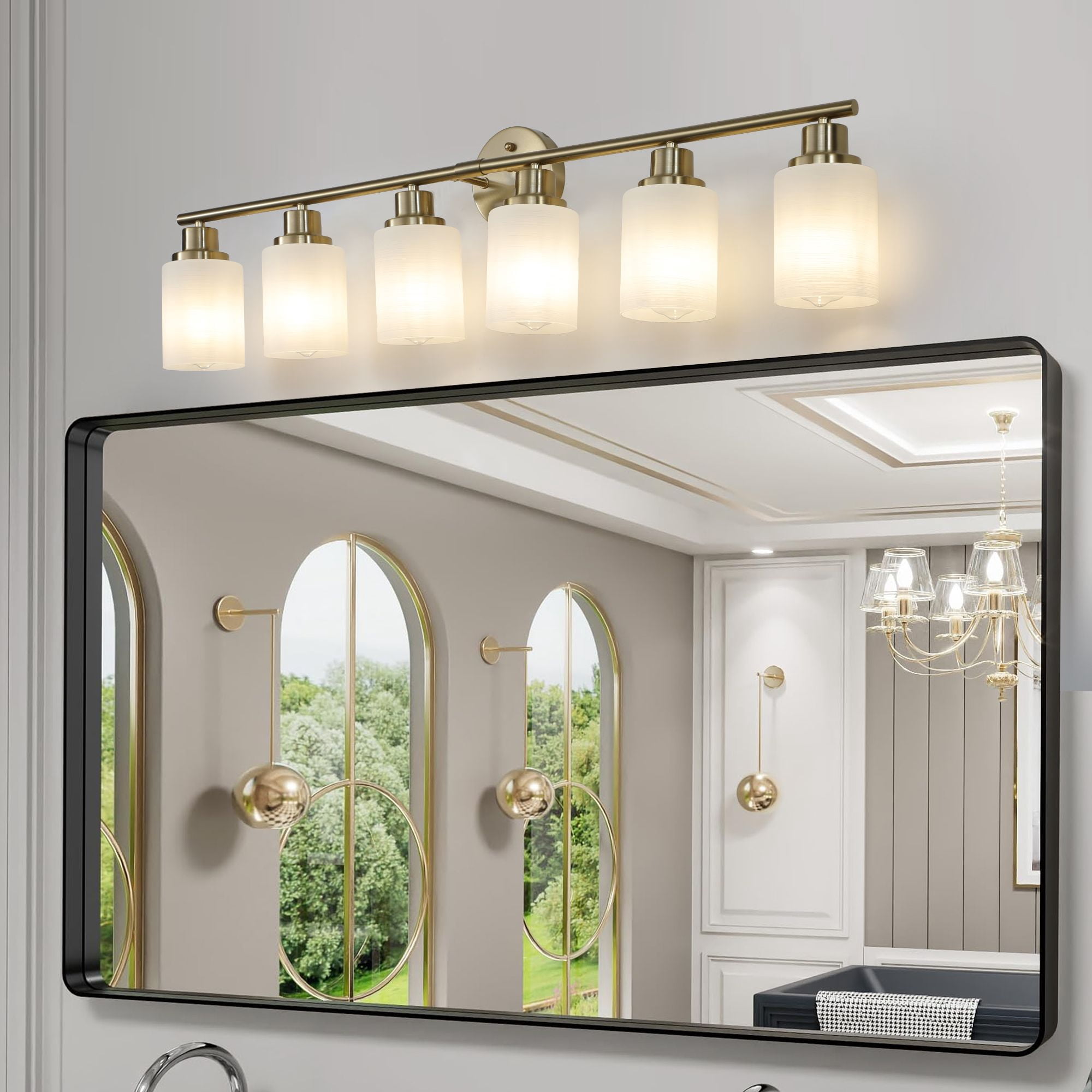 39 Inch Modern 6-Light Vanity Wall Sconce, Gold Finish Bathroom Light Fixture with Frosted Glass Shades, Hardwired Mirror Lighting for Bathroom Vanity or Hallway, Bulbs Not Included